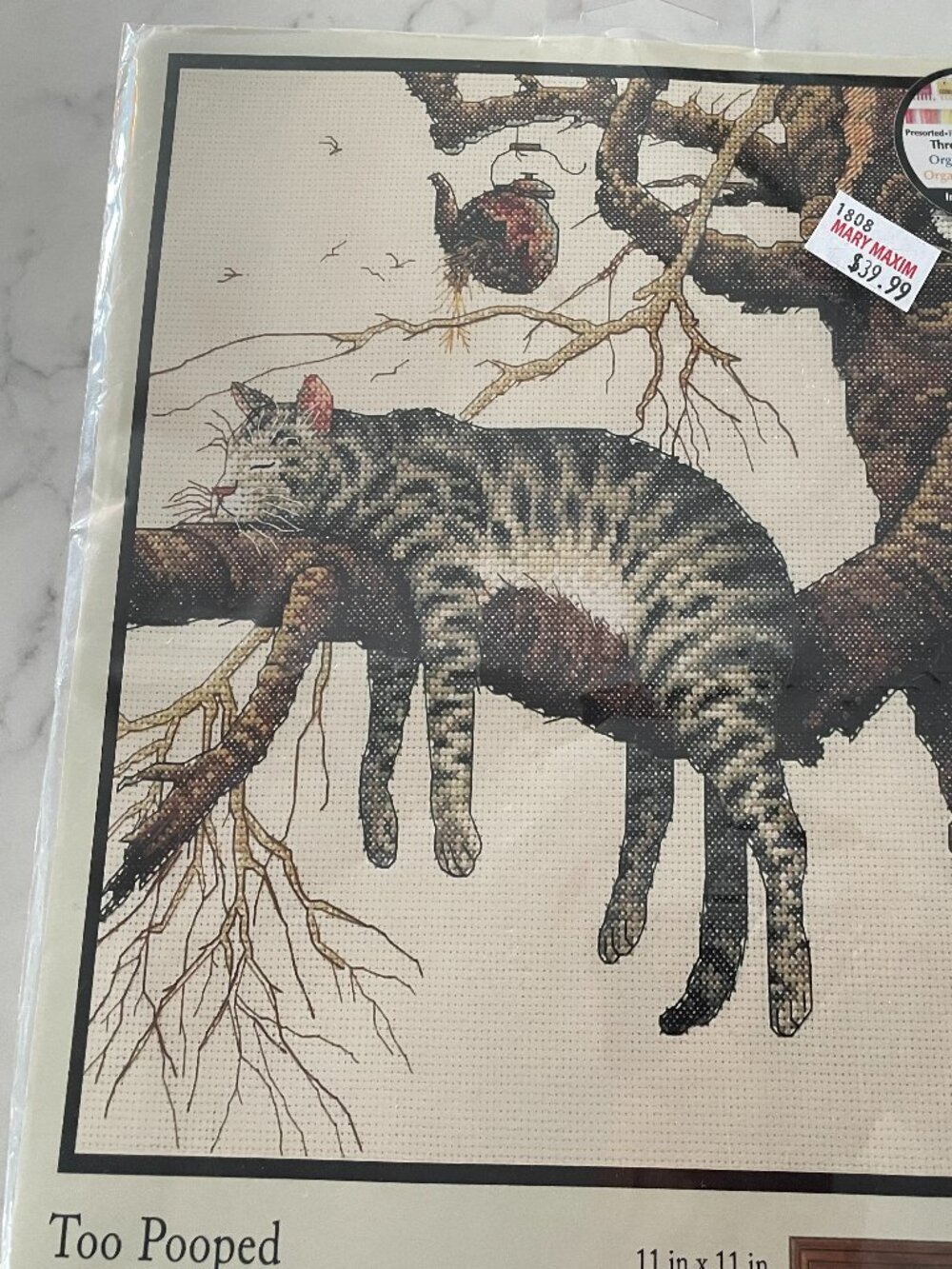 DIMENSIONS Vintage Counted Cross Stitch Kit "TOO POOPED" Cat 11"x11" 2002